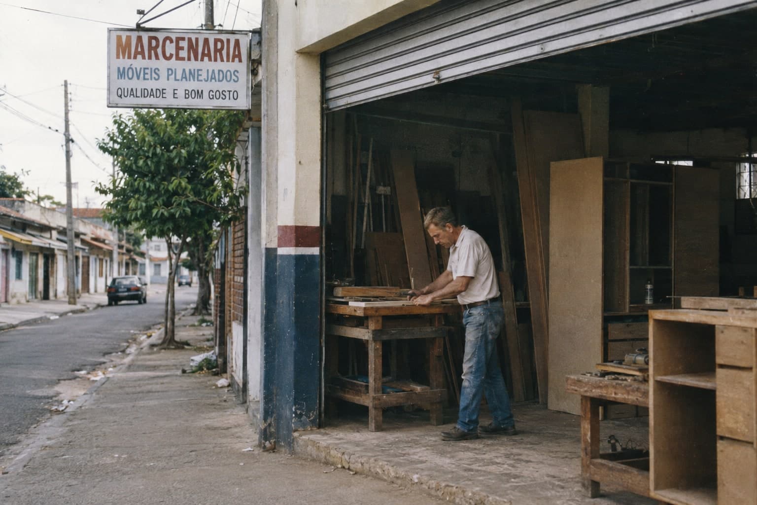 Fachada histórica da marcenaria BB Móveis Planejados, com marceneiro trabalhando na oficina